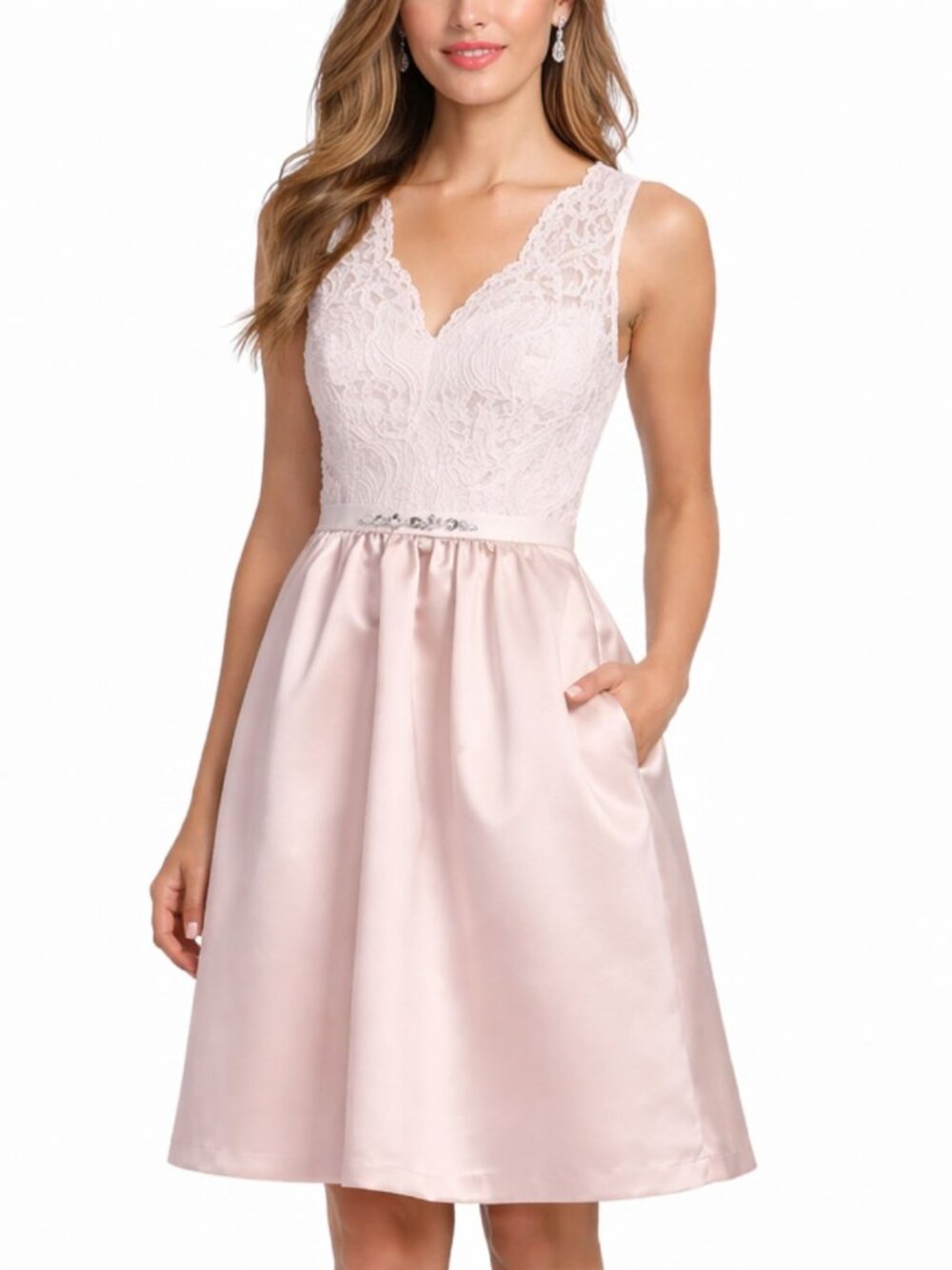 After Six Lace V-Neck Cocktail Dress Blush Pink Satin Skirt Size 0-NWT